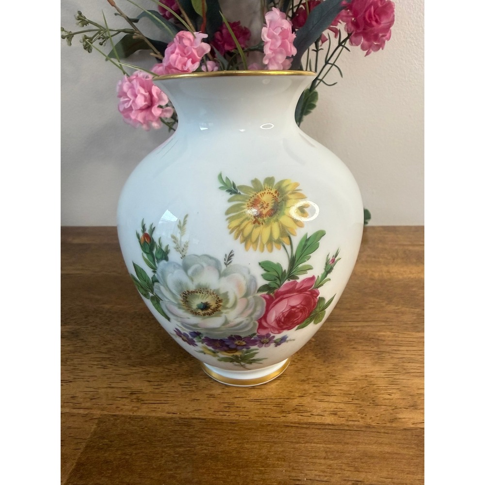 Gloria Fine Porcelain Bavaria Floral Vase Gold Trim Handwork Bayreuth Germany